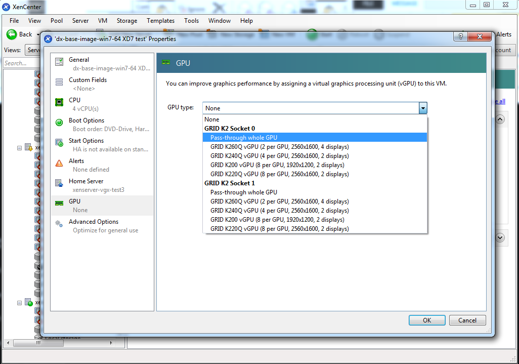 Screen capture showing how to use XenCenter to configure a pass-through GPU
