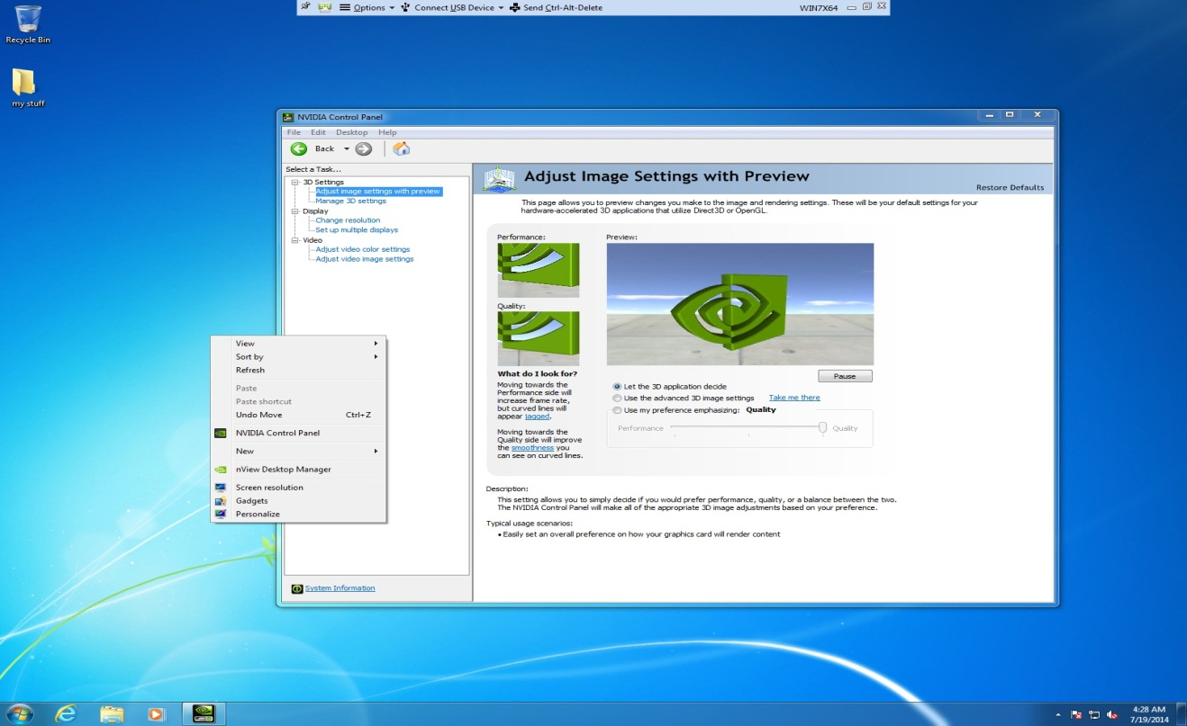 Screen capture showing the verification of NVIDIA driver operation using NVIDIA Control Panel