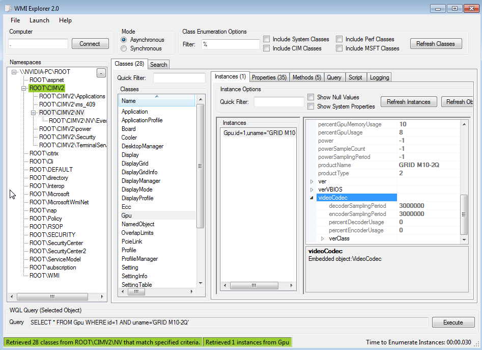 Screen capture showing GPU metrics from the ROOT\CIMV2\NV namespace in the WMI Explorer screen