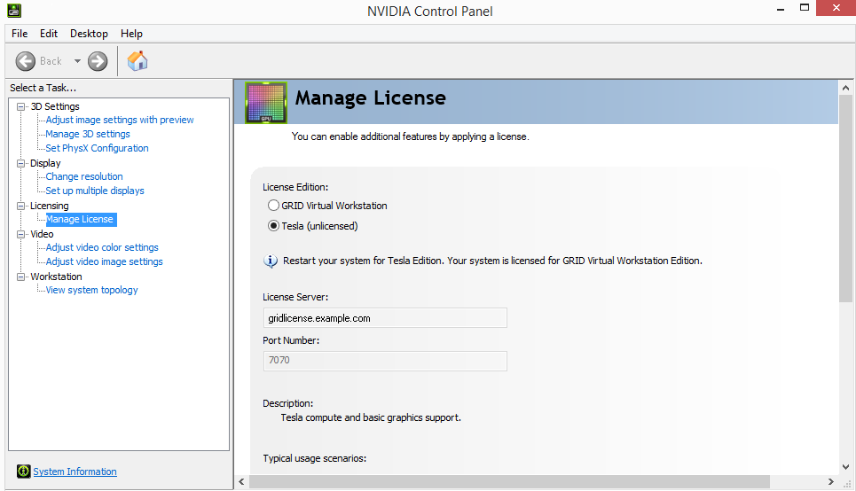 Screen capture showing the Manage License option in NVIDIA Control Panel for a Virtual Worksatation license with the Tesla (unlicensed) option selected and the License Server field and Port Number field disabled