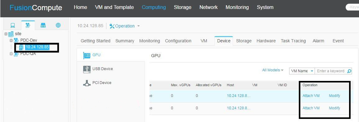 Screen capture showing the Attach VM and Modify operations on the Huawei FusionCompute GPU page.