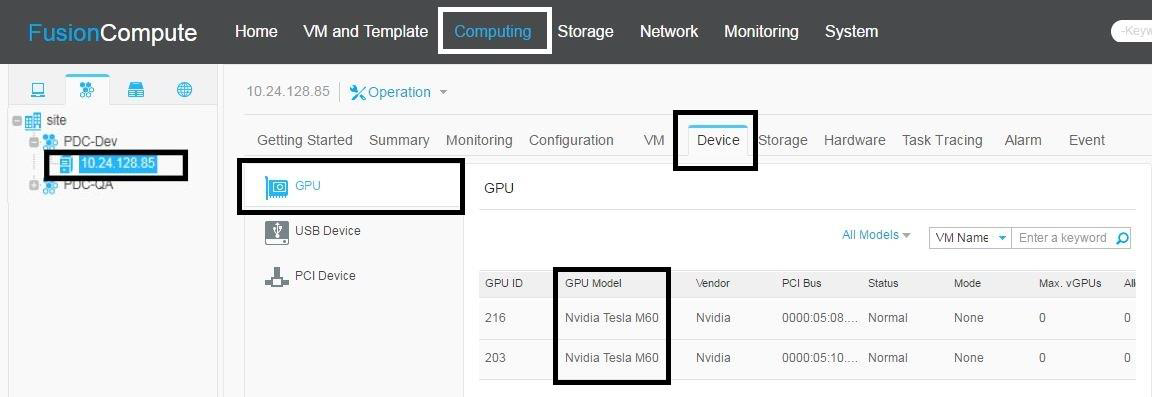 Screen capture showing the Huawei FusionCompute GPU page for a Huawei UVP server host.