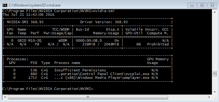 Screen capture showing a Windows Command Prompt window in which the nvidia-smi command has been run to retrieve usage statistics for GPU, frame buffer, video encoder, and video decoder