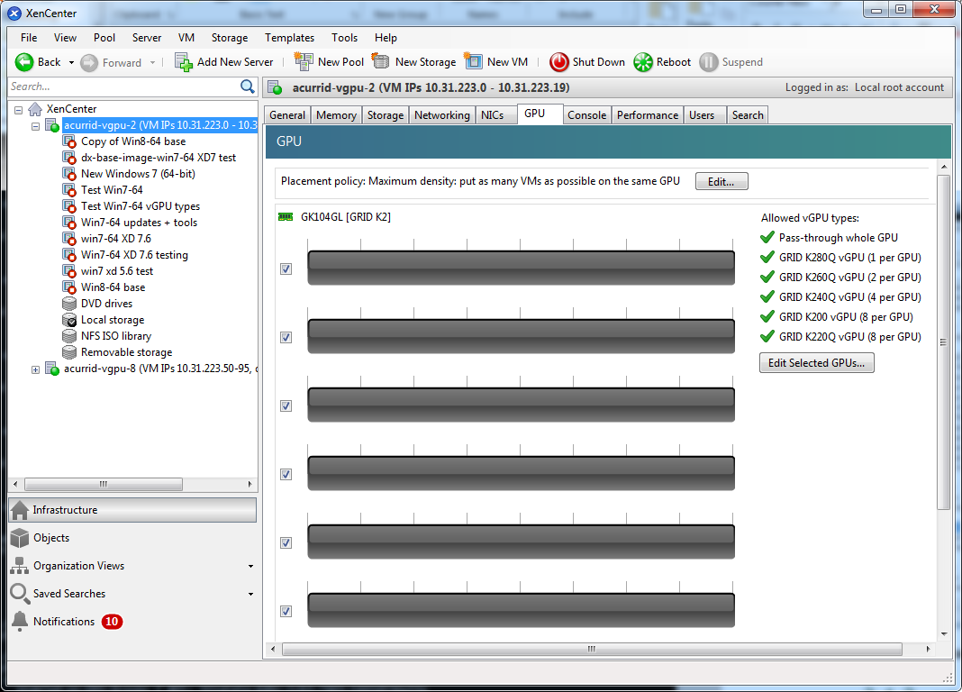 Screen capture showing details for a physical GPU in Citrix XenCenter