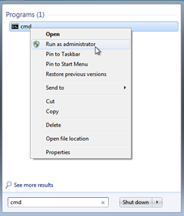 Screen capture showing the context menu for choosing the Run as administrator option for the cmd program