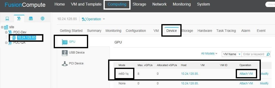Screen capture showing the Attach VM operation on the Huawei FusionCompute GPU page.