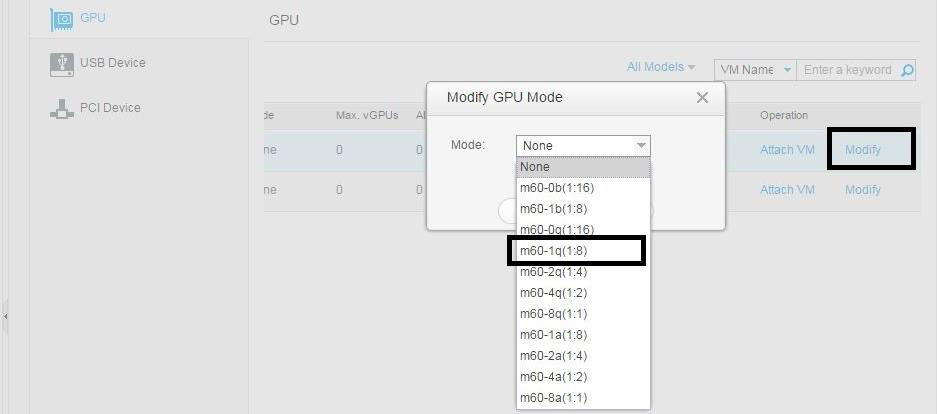 Screen capture showing NVIDIA GRID vGPU types in the Modify GPU Mode dialog box.