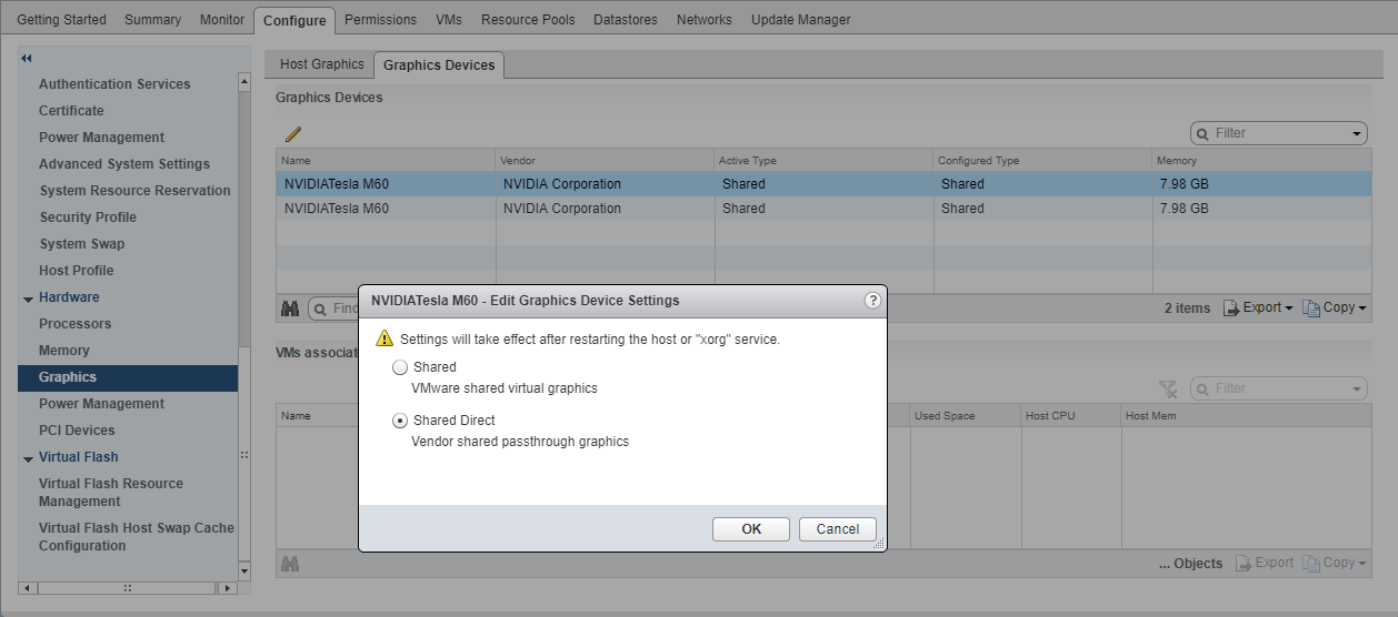 Screen capture showing the Edit Graphics Device Settings dialog box in the VMware vCenter Web UI for changing the graphics type of a physical GPU