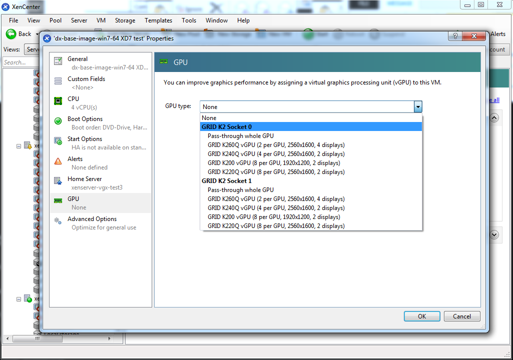 Screen capture showing how to use a custom GPU group in XenCenter