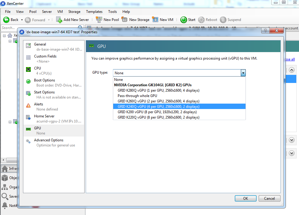 Screen capture showing the use of XenCenter to configure a VM with a vGPU