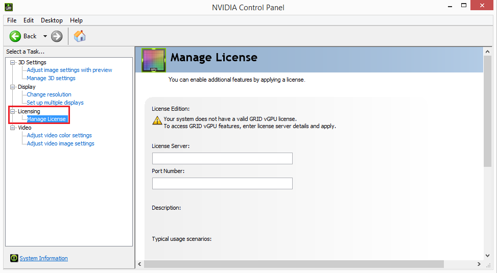 Screen capture showing the Manage License option in NVIDIA Control Panel for a vGPU license