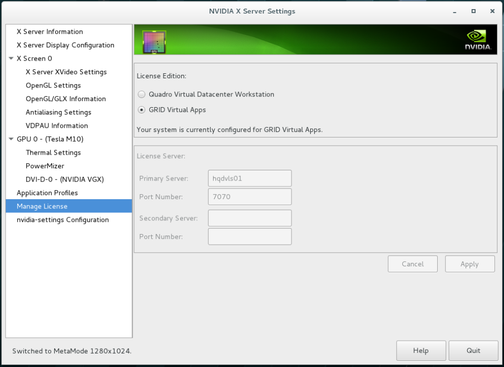 Screen capture showing the Manage GRID License option in NVIDIA X Server Settings for a Quadro vDWS license