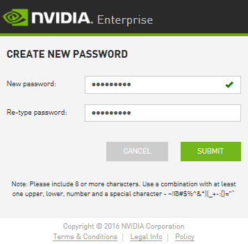 Screen capture showing the dialog box for creating an NVIDIA Enterprise Account password.