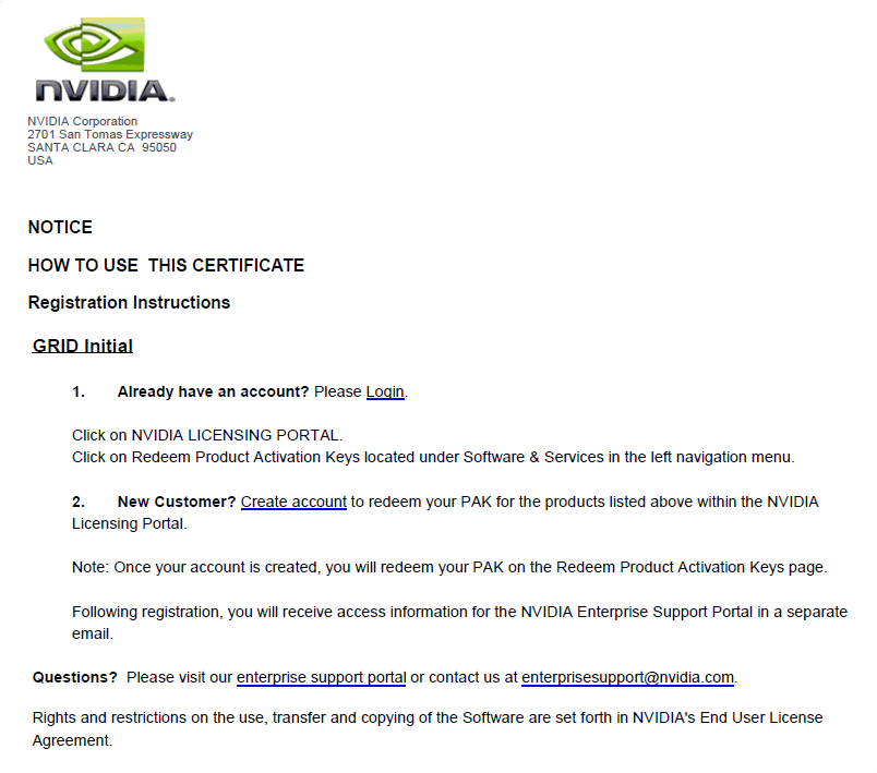 Screen capture showing instructions for using an NVIDIA Entitlement Certificate