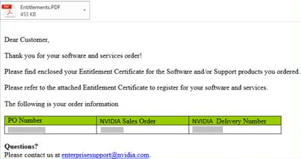 Screen capture showing an order confirmation message for NVIDIA vGPU software