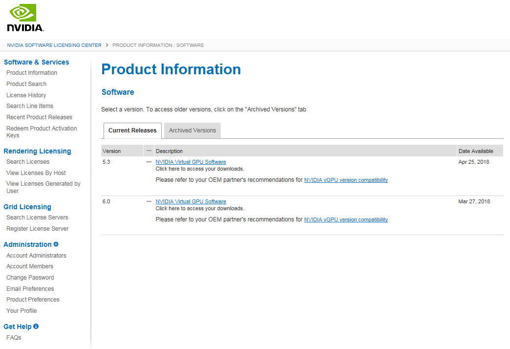 Screen capture showing the Product Information page.