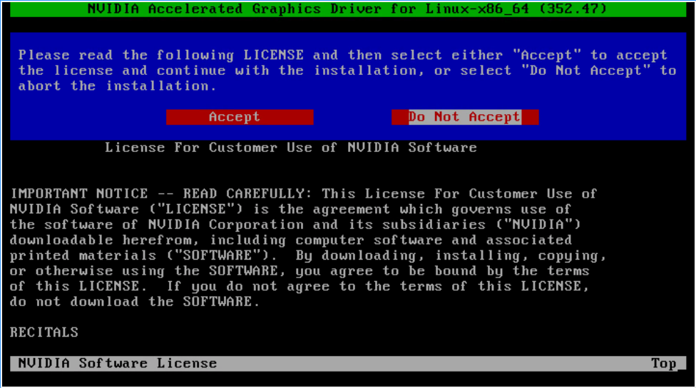 Screen capture of the character-based UI of the NVIDIA Linux driver installer displaying the driver license agreement