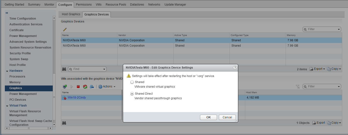 Screen capture showing the Edit Graphics Device Settings dialog box in the VMware vCenter Web UI for changing the graphics type of a physical GPU