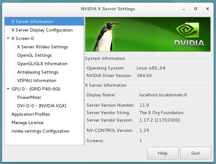 Screen capture of the NVIDIA X Server Settings dialog box showing that the NVIDIA driver is operational