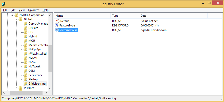 Screen capture of the Registry Editor window showing NVIDIA vGPU licensing settings