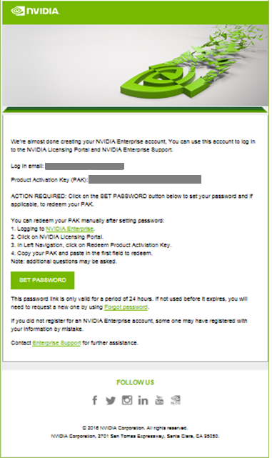 Screen capture showing the e-mail instructing you to set your NVIDIA Enterprise Account password.