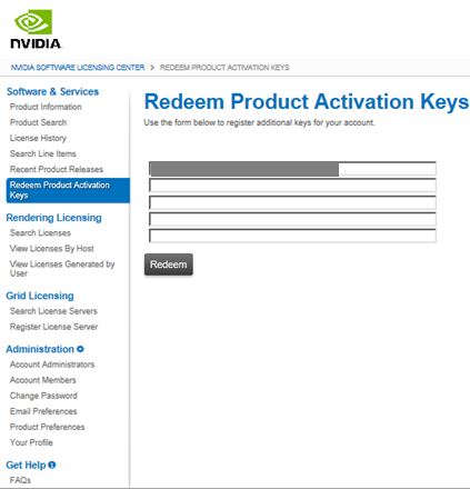 Screen capture showing the Redeem Product Activation Keys page.