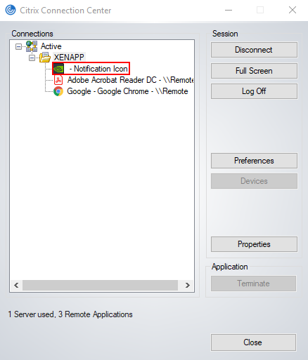 Screen capture showing the Citrix Connection Center window with the NVIDIA Notification Icon application and published applications.