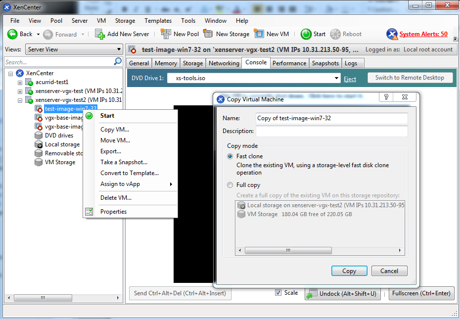 Screen capture showing how to clone a VM by using XenCenter