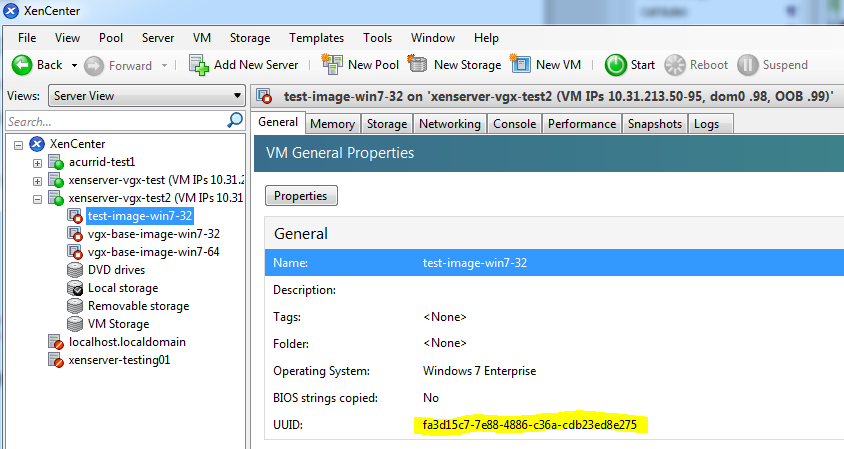 Screen capture showing how to use XenCenter to determine a VM's UUID
