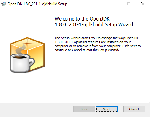 Screen capture showing the OpenJDK setup wizard.