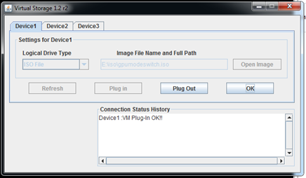 Screen capture showing the Virtual Storage dialog for selecting the emulated device for boot
