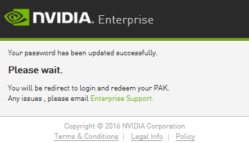 Screen capture showing the message confirming that the NVIDIA Enterprise Account password has been set successfully.