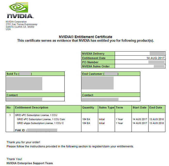 Screen capture showing an NVIDIA Entitlement Certificate