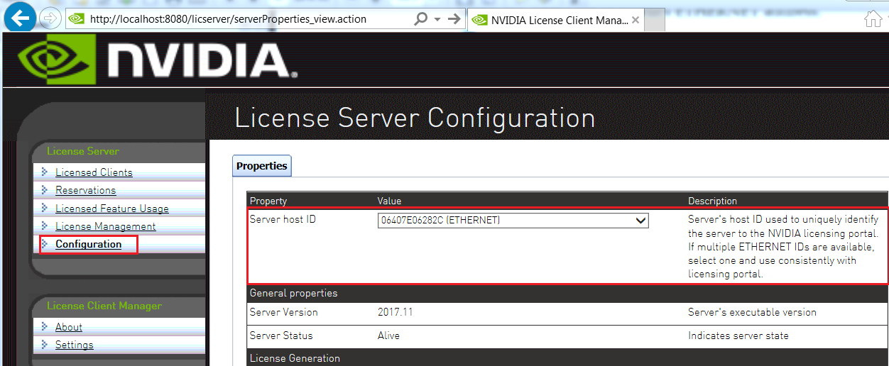 Screen capture showing the License Server Configuration page with the Server host ID property highlighted.