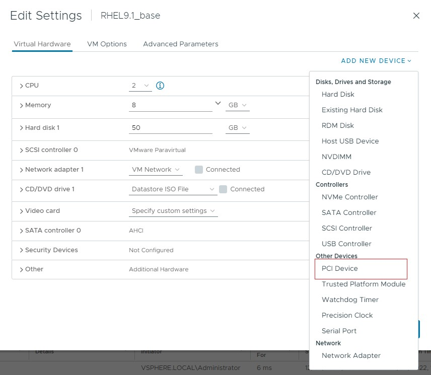 Screen capture showing the PCI Device command on the ADD NEW DEVICE menu in the Edit Settings window in the VMware vCenter Web UI