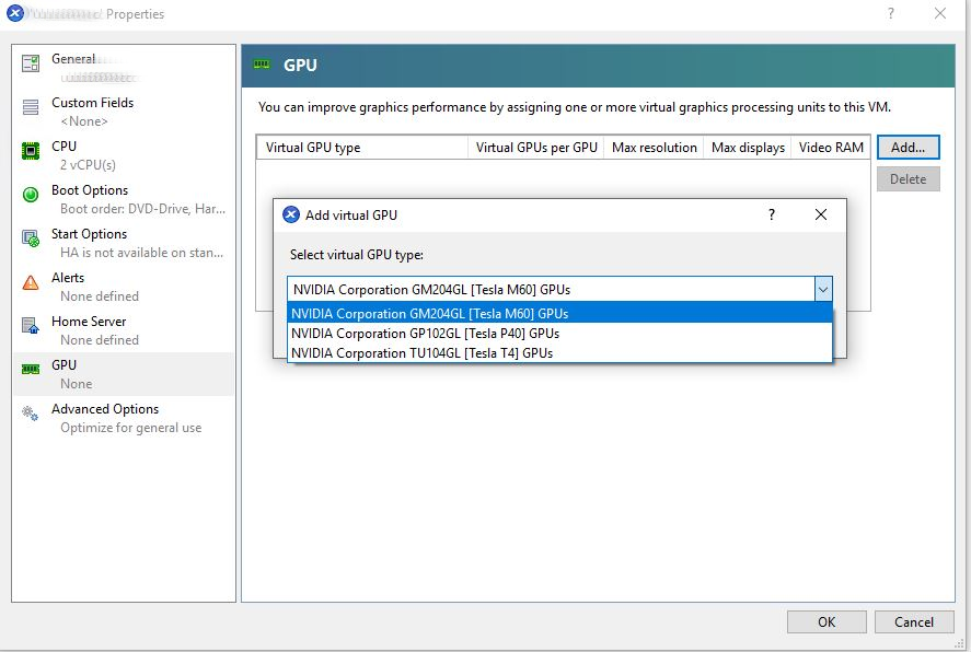Screen capture showing the absence of vGPU types from the Select virtual GPU type drop-down list in Citrix XenCenter