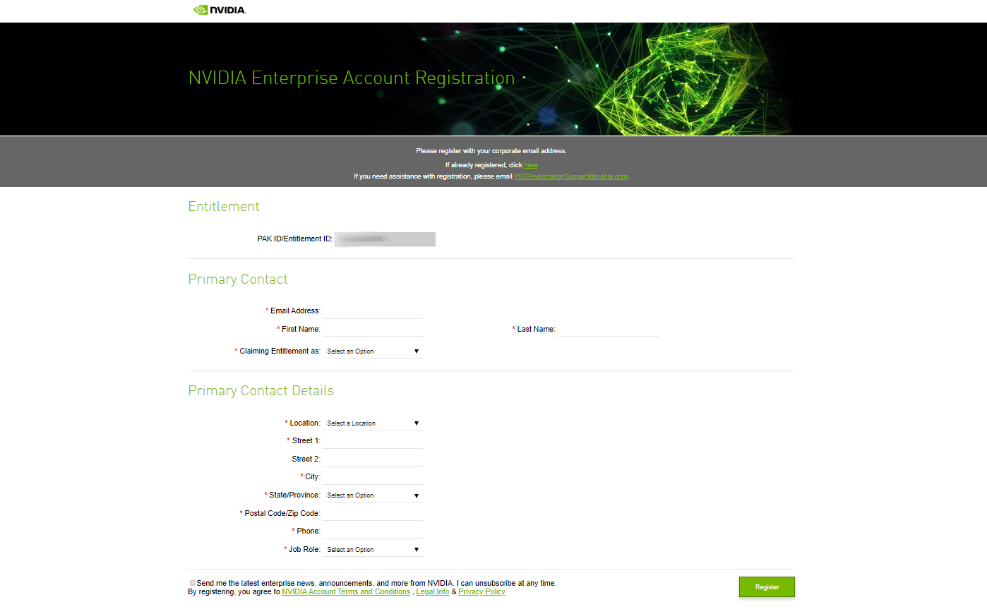 Screen capture showing the NVIDIA Enterprise Account Registration page.