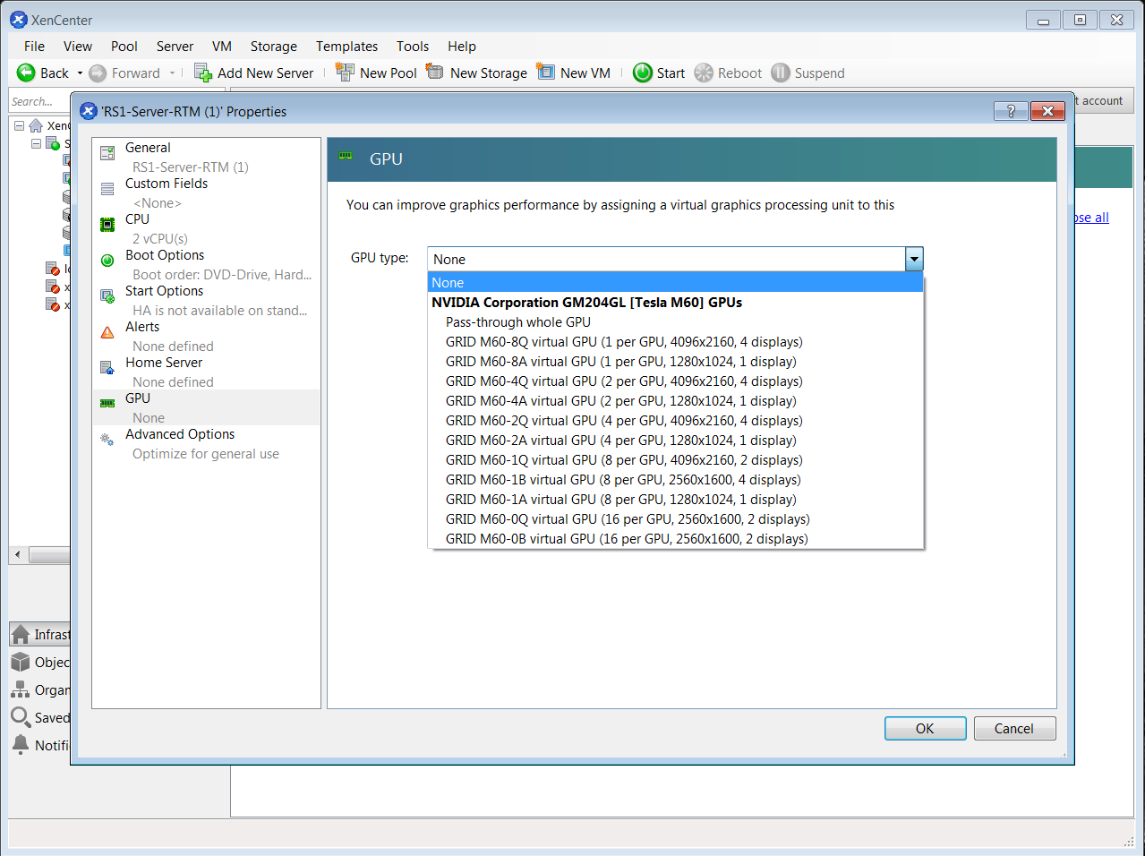Screen capture showing the use of XenCenter to remove a vGPU configuration from a VM