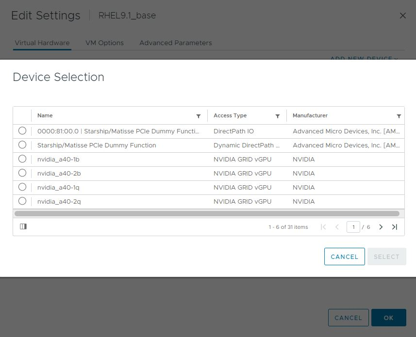 Screen capture showing VM settings for vGPU in the Device Selection window in the VMware vCenter Web UI
