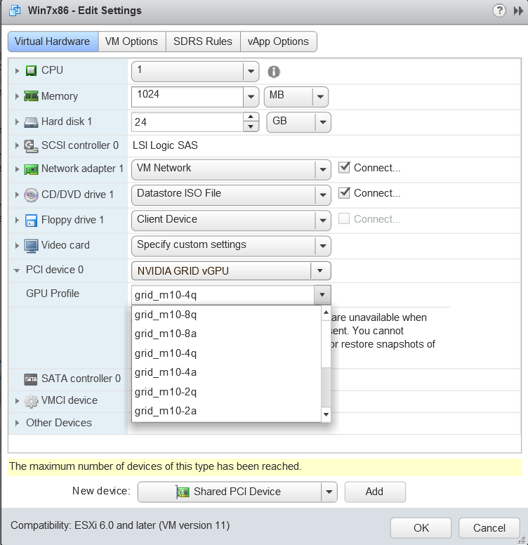 Screen capture showing VM settings for vGPU in the Edit Settings window in the VMware vCenter Web UI