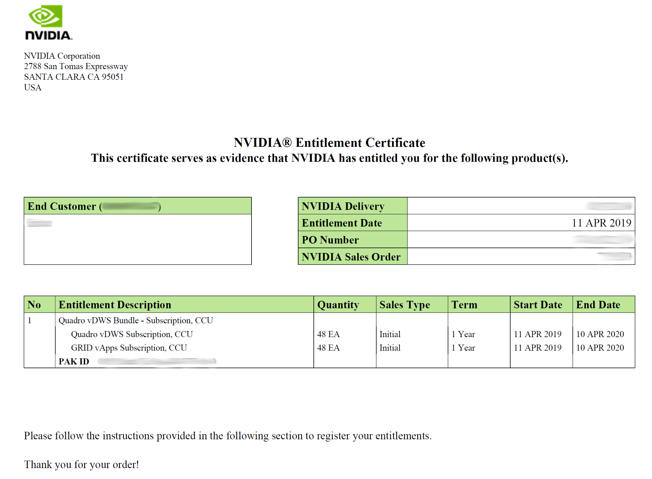 Screen capture showing an NVIDIA Entitlement Certificate