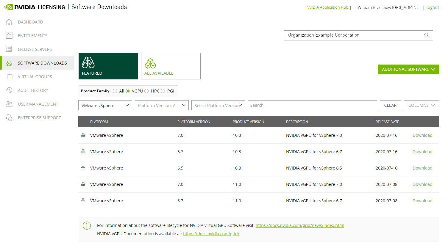 Screen capture showing the Product Download page.