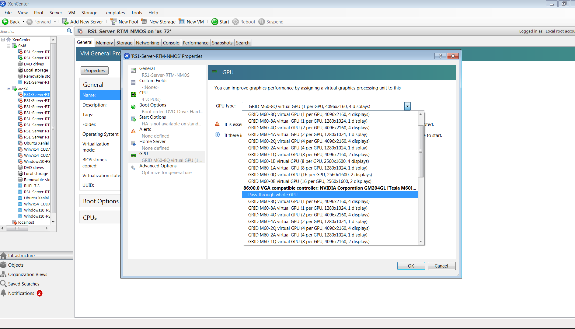 Screen capture showing how to use XenCenter to configure a pass-through GPU