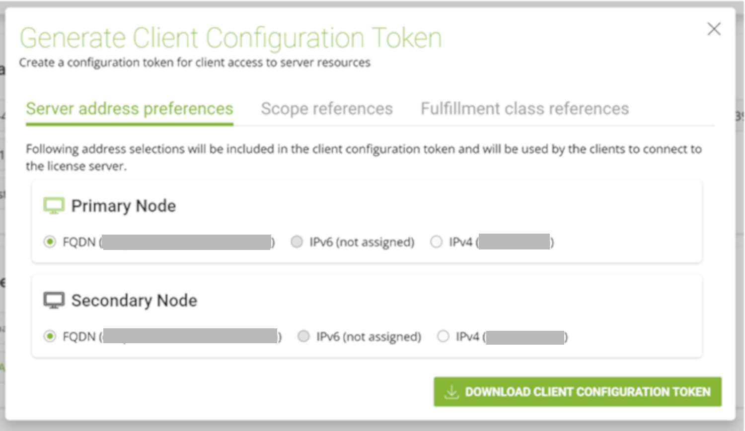 Screen capture showing the Server address preferences tab in the Generate Client Configuration Token pop-up window
