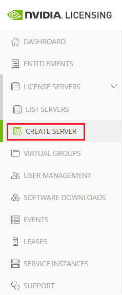 Screen capture showing the Create Server tab of the NLS navigation pane