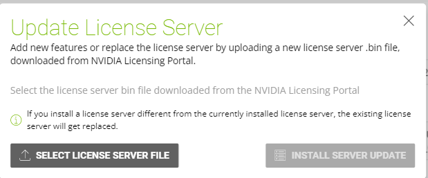 Screen capture showing the Update License Server window