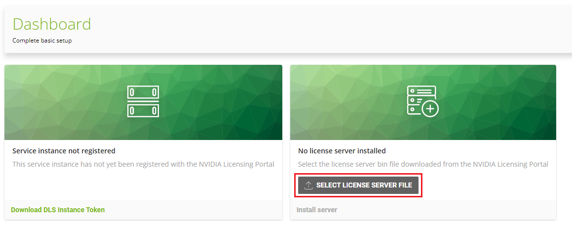 Screen capture showing the SELECT LICENSE SERVER FILE button on the NVIDIA Licensing dashboard