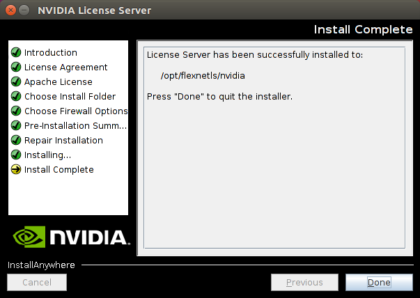 Screen capture showing the window that appears when the license server installation is complete on Linux.