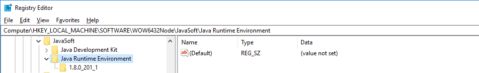 Screen capture showing the Java Runtime Environment registry key in the Windows Registry Editor.
