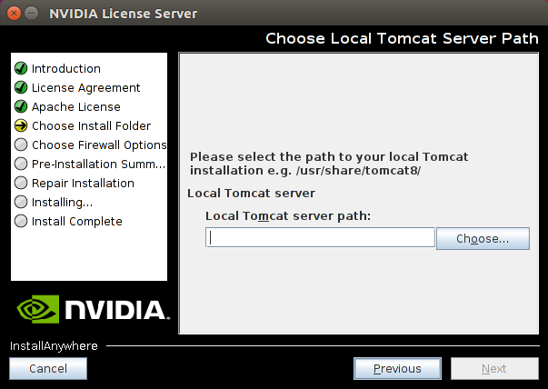Screen capture showing the selection of the Apache Tomcat Server path on Linux.